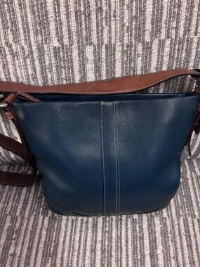 Coach Legacy Blue Leather Shoulder Bag with Contrasting Brown Strap